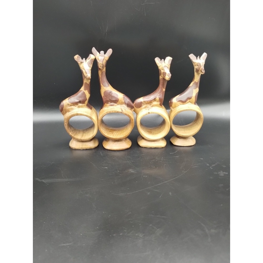 Set Of 4 Hand Carved Wood Giraffe Napkin Rings From Kenya Safari Wildlife